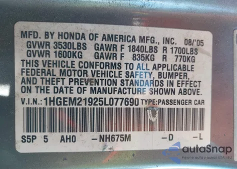 2005 Honda Civic Ex z USA, uszkodzony, nr VIN 1HGEM21925L077690